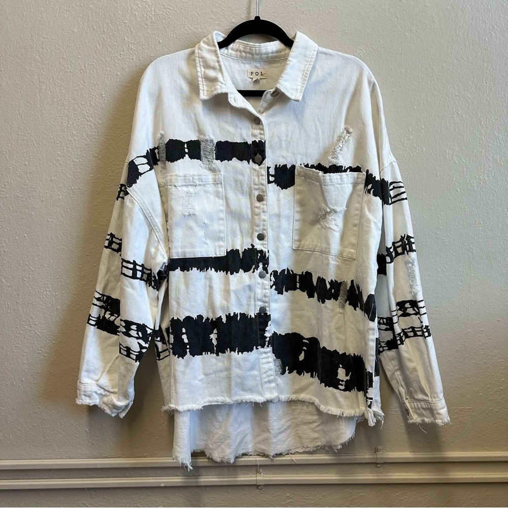 Distressed Oversized Denim Jacket/Shacket Abstract Black & White Raw Hem Size L